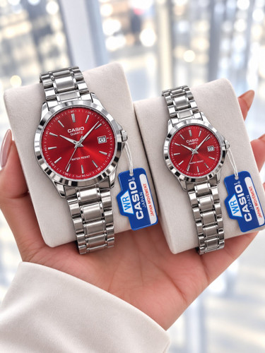 ست ساعت مردانه و زنانه کاسیو casio نقره ای صفحه چری آلبالویی